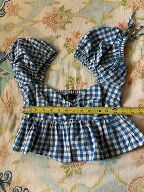 Vici Blue and White Gingham Tie-Shoulder Ruffle Peplum Camisole
